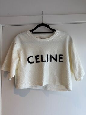 Celine Cream Sequin Logo Crop Top